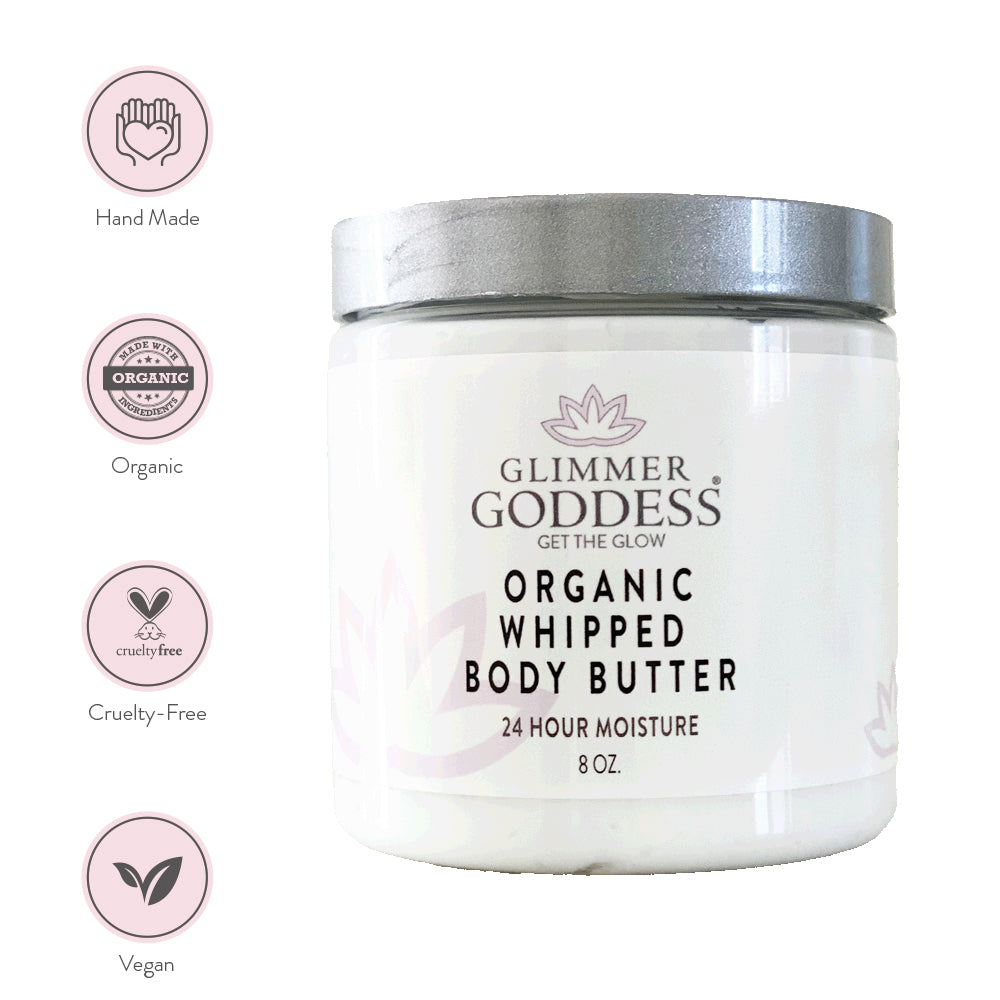 Organic whipped body butter jar with organic, cruelty-free, and vegan badges.