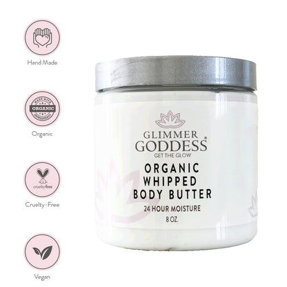 Organic whipped body butter jar with organic, cruelty-free, and vegan badges.