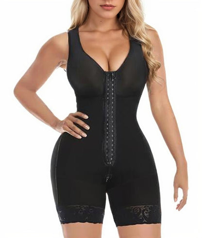 Black full body tummy control shaper with front zipper panel and lace leg trim