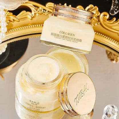 Collagen cream jar with gold decorative lid; “COLLAGEN” label visible.