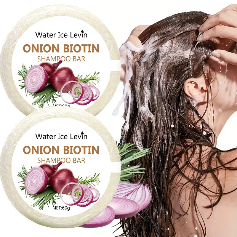 Onion biotin shampoo bar, solid beige circular soap with onion and rosemary graphics