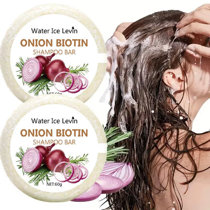 Onion biotin shampoo bar, solid beige circular soap with onion and rosemary graphics