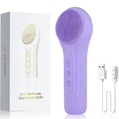 Purple rechargeable facial cleansing brush with round silicone sonic bristles