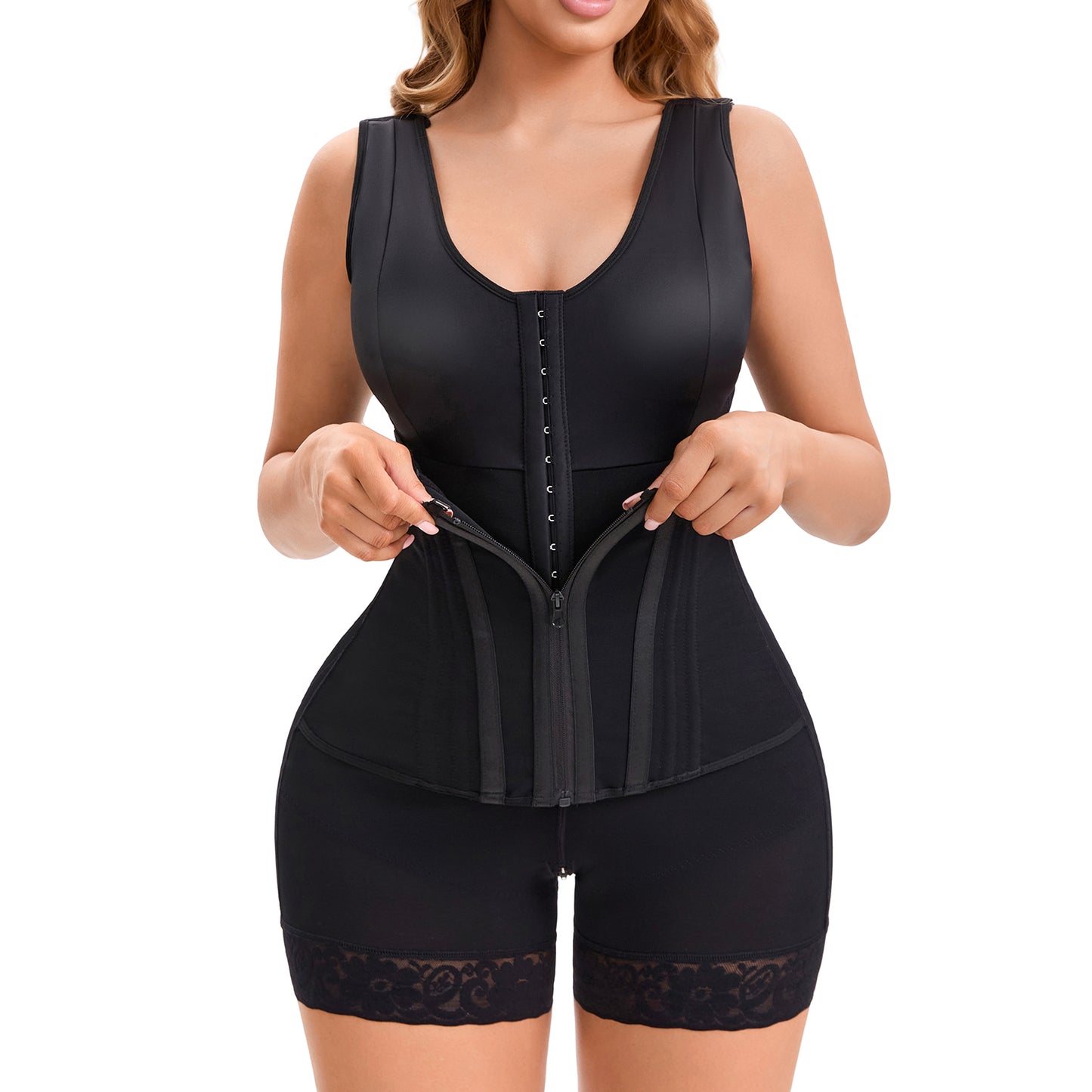 Black overbust full-body shaper with front zipper and lace hem shorts