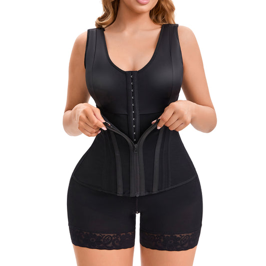 Black overbust full-body shaper with front zipper and lace hem shorts