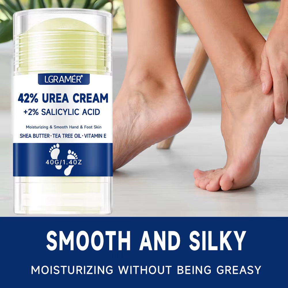 Urea foot cream jar with two bare feet being treated