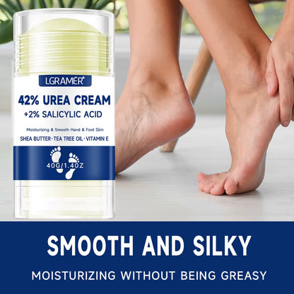 Urea foot cream jar with two bare feet being treated