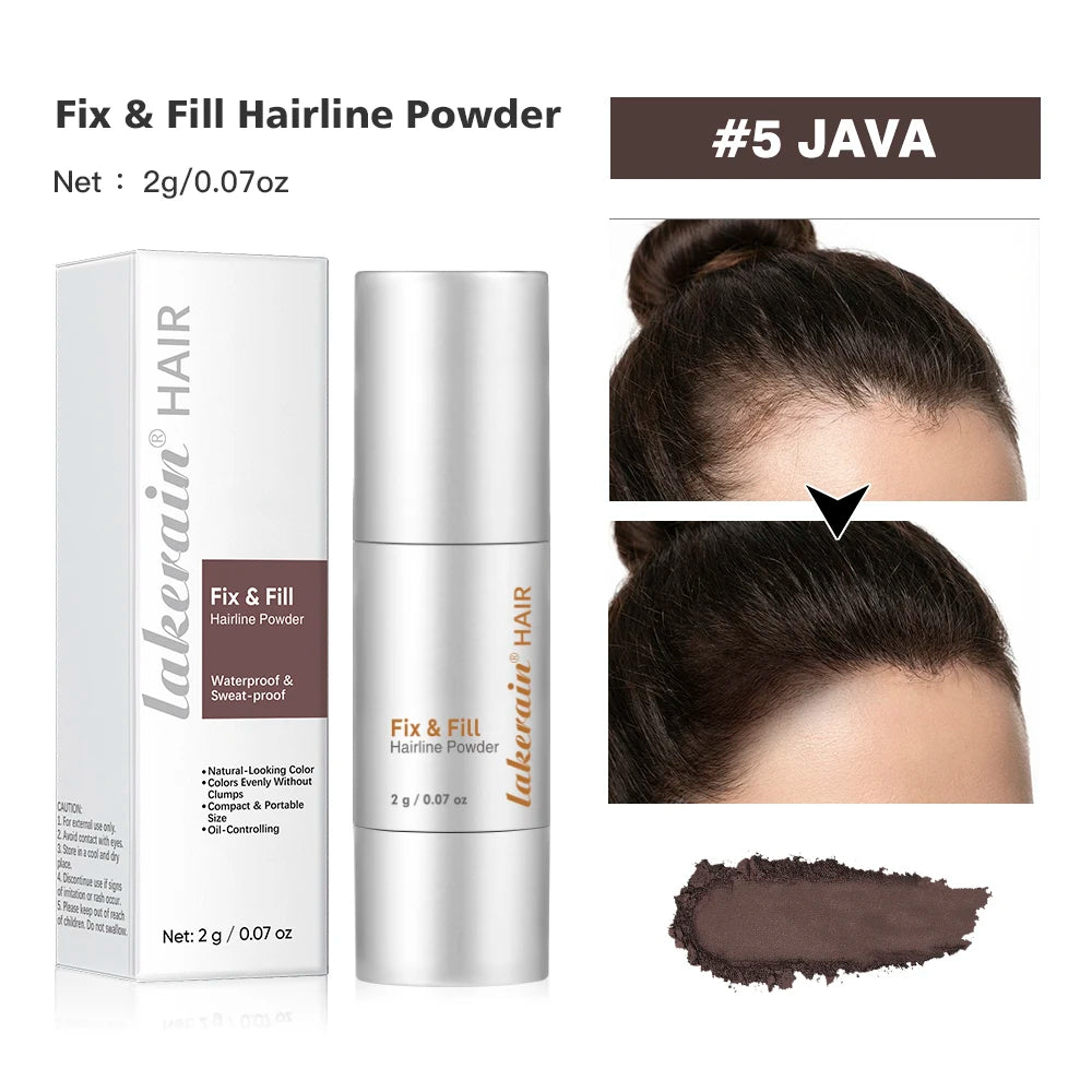 #5 java hairline powder: bottle, box, and dark hairline coverage swatch