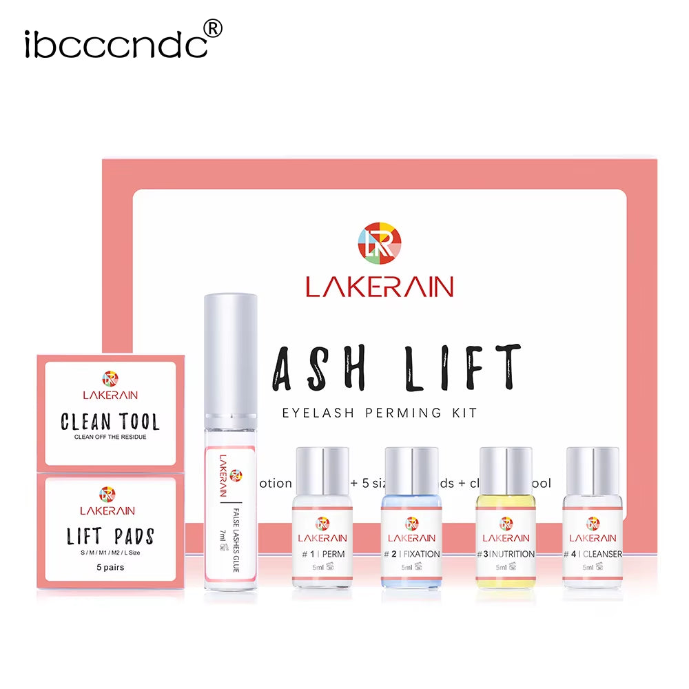 Lash Lift eyelash perming kit showing lifting bottle, perm lotion, fixation, nutrition, cleanser