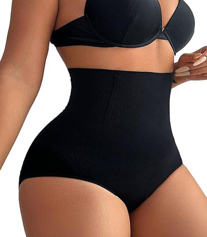 Black high-waist tummy control panty with smooth front panel and wide leg openings.
