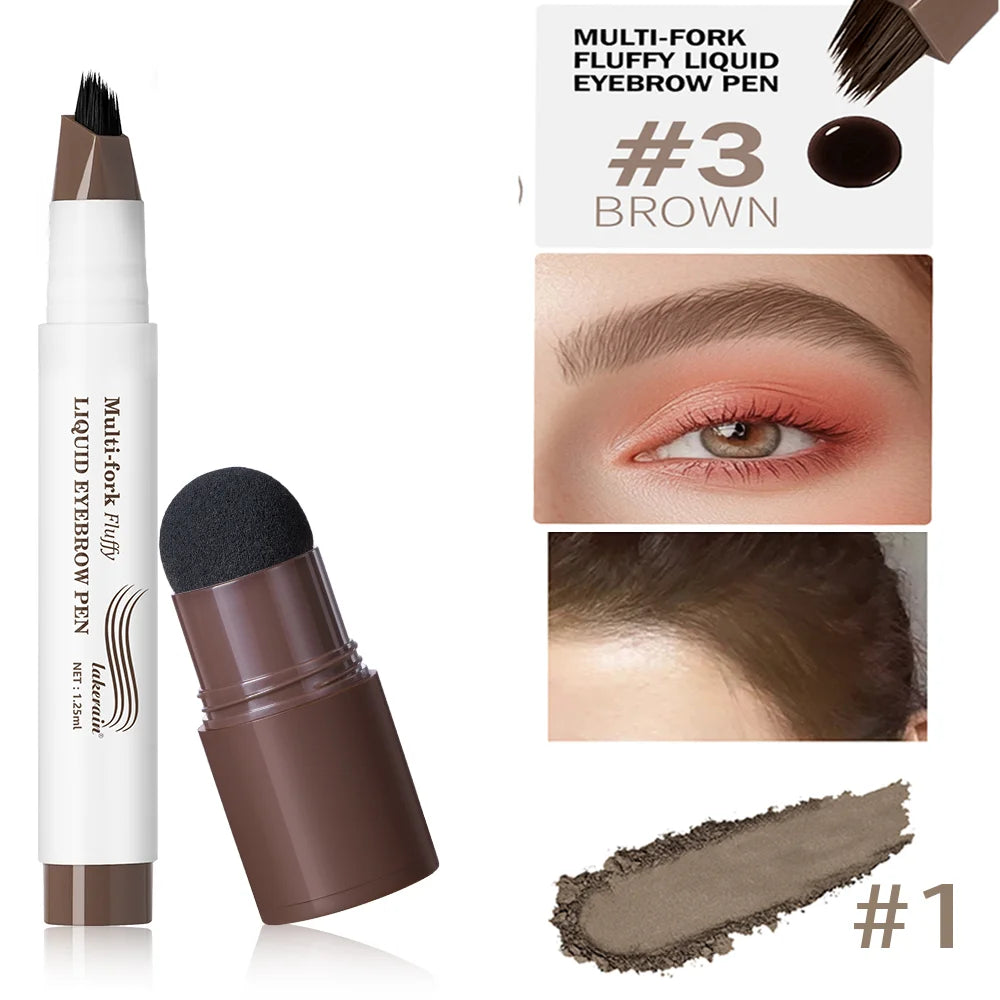 Fluffy liquid eyebrow/concealer pen #3 brown: bottle, brush tip, and forehead swatch