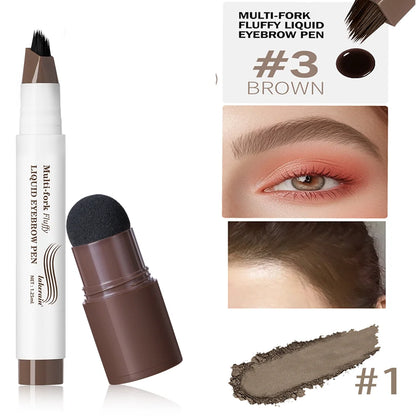 Fluffy liquid eyebrow/concealer pen #3 brown: bottle, brush tip, and forehead swatch