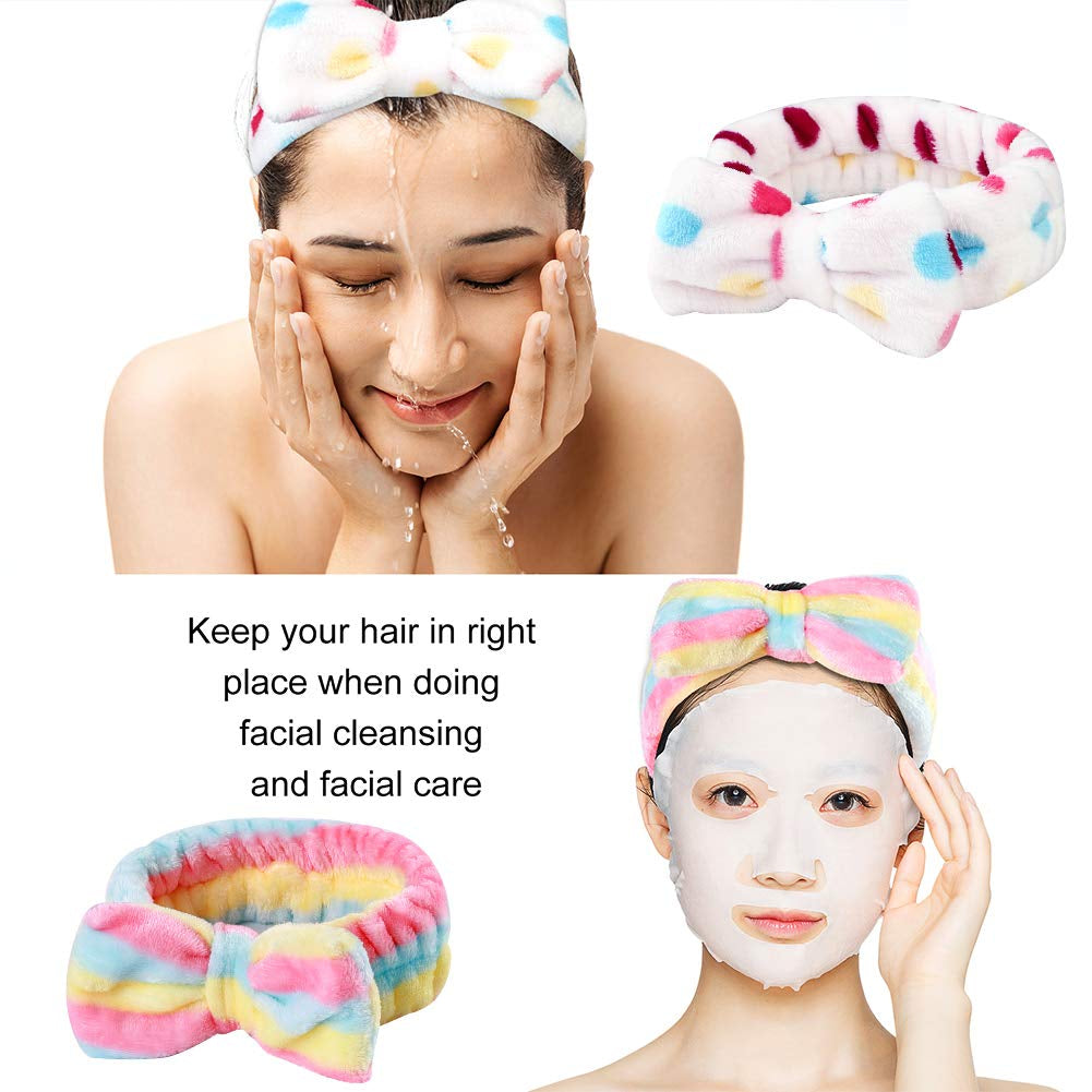 White plush bow headband with red and blue dots, worn over hairline