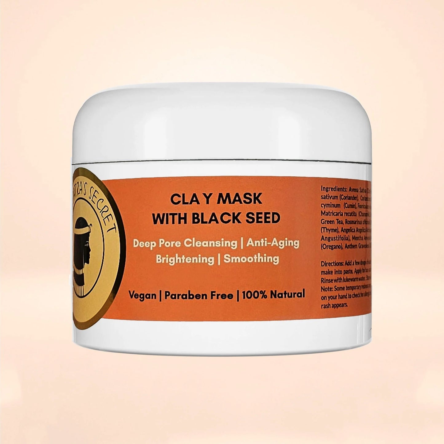 Black Seed clay mask label: Deep pore cleansing, anti-aging, brightening, smoothing