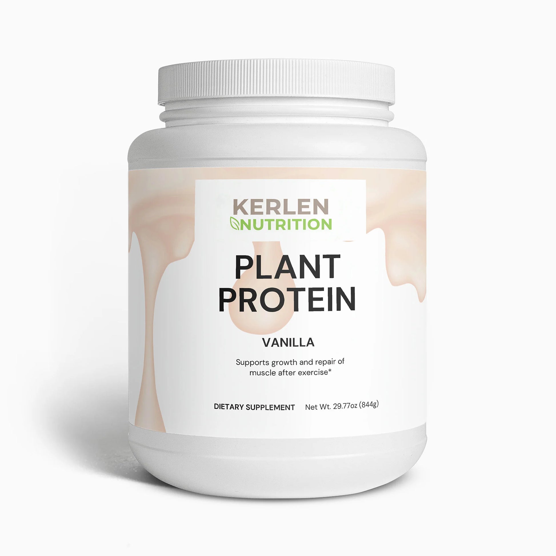 Protein powder tub with white ribbed lid and vanilla-flavored label