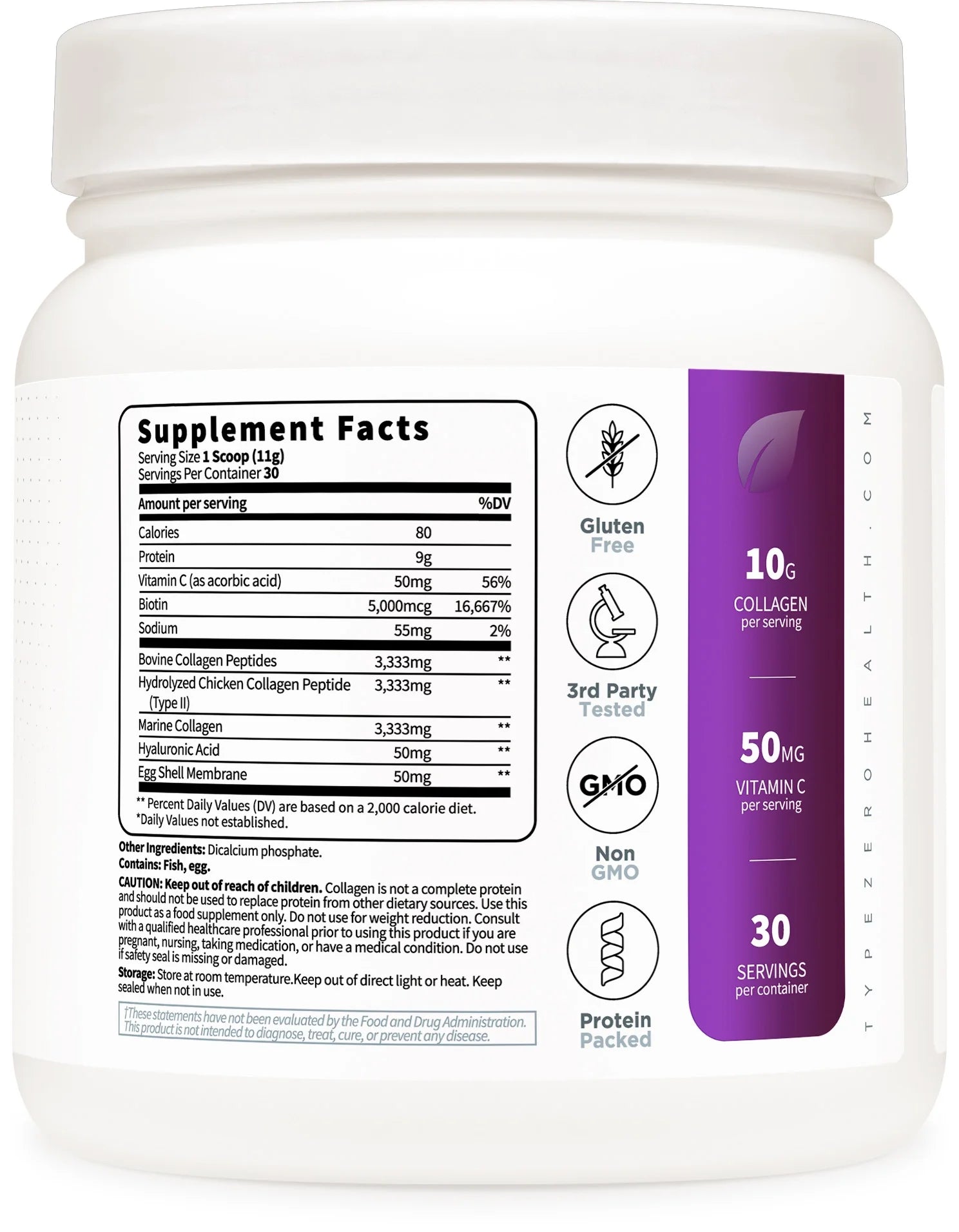 Type Zero Multi Collagen back label with supplement facts, 50mg vitamin C and 30 servings