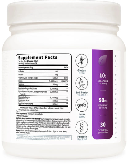 Type Zero Multi Collagen back label with supplement facts, 50mg vitamin C and 30 servings
