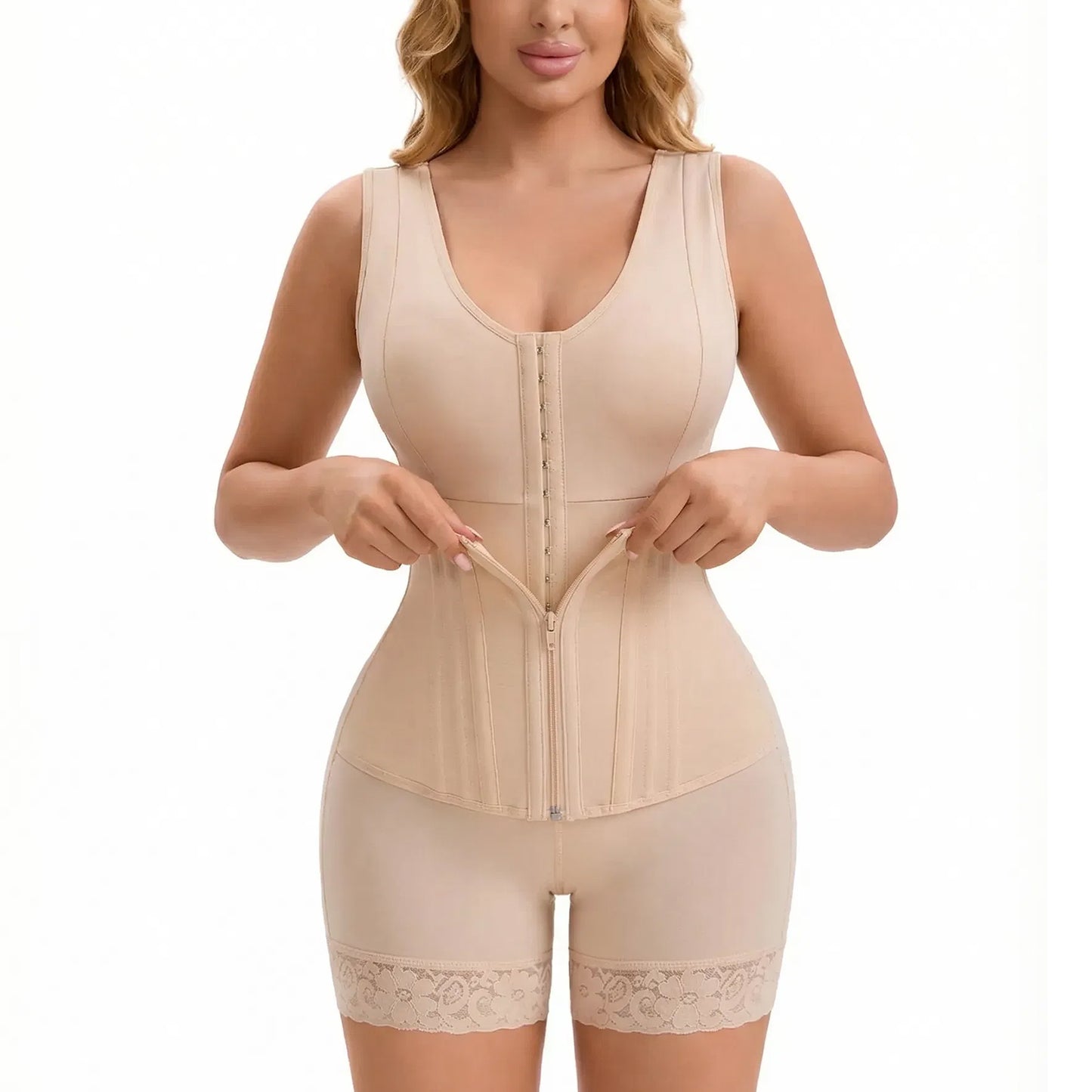 Beige overbust compression shaper with front zipper and lace leg hems