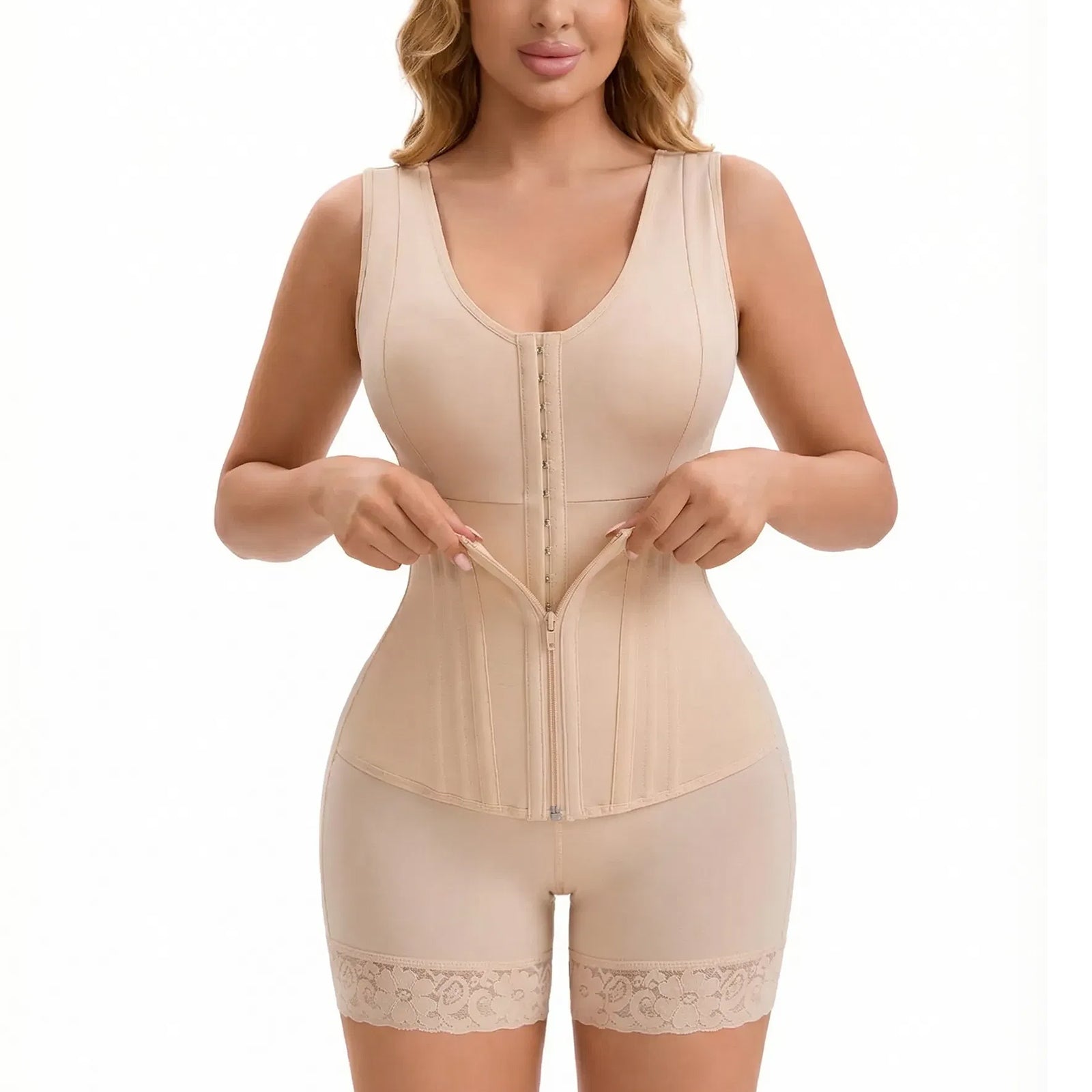 Beige overbust compression shaper with front zipper and lace leg hems