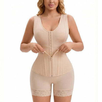 Beige overbust compression shaper with front zipper and lace leg hems