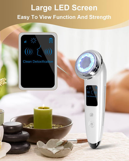 White LED face massager with blue-lit round screen and side function display
