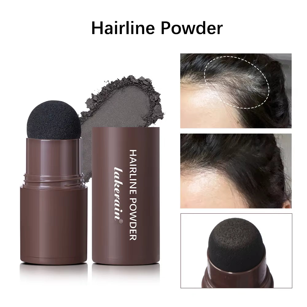 Hairline powder bottle with puff applicator and #5 Black powder swatch