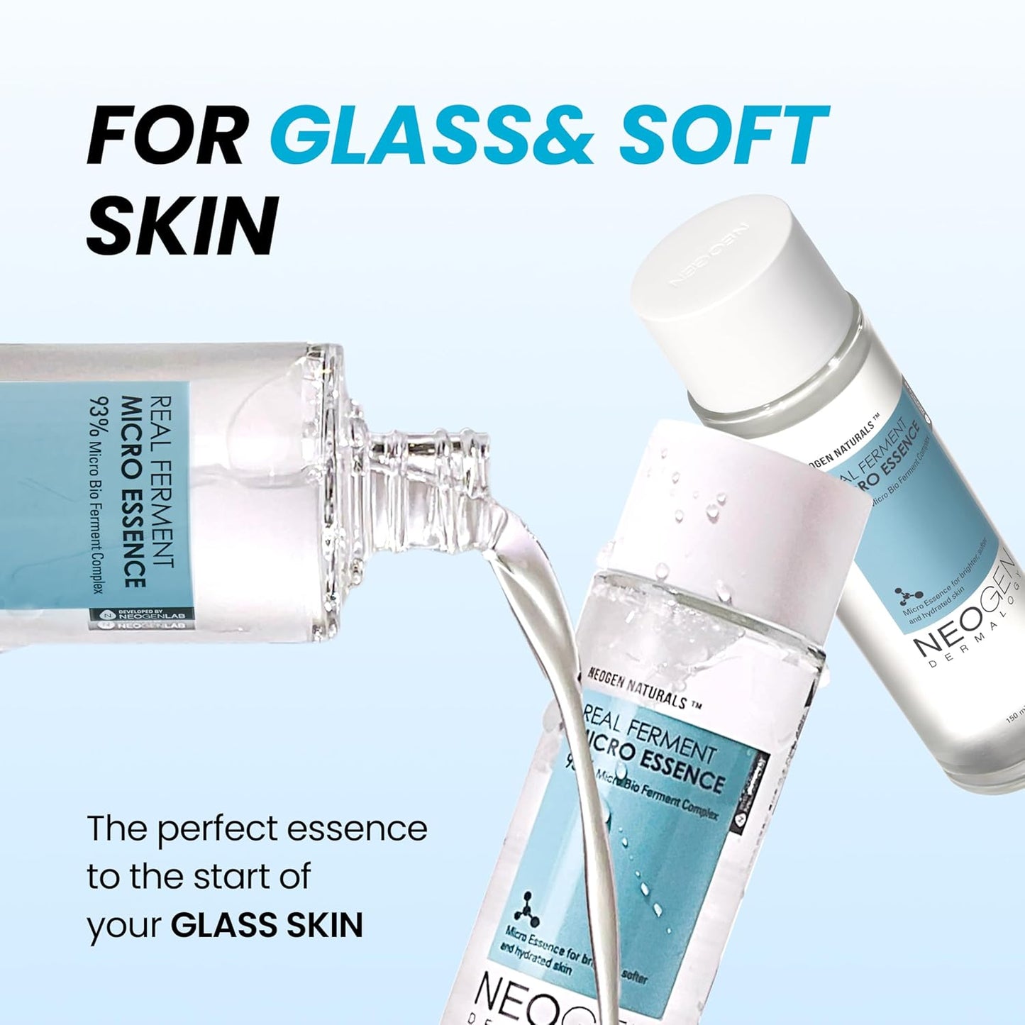 Real Ferment Micro Essence bottles, one pouring clear blue liquid from pump spout