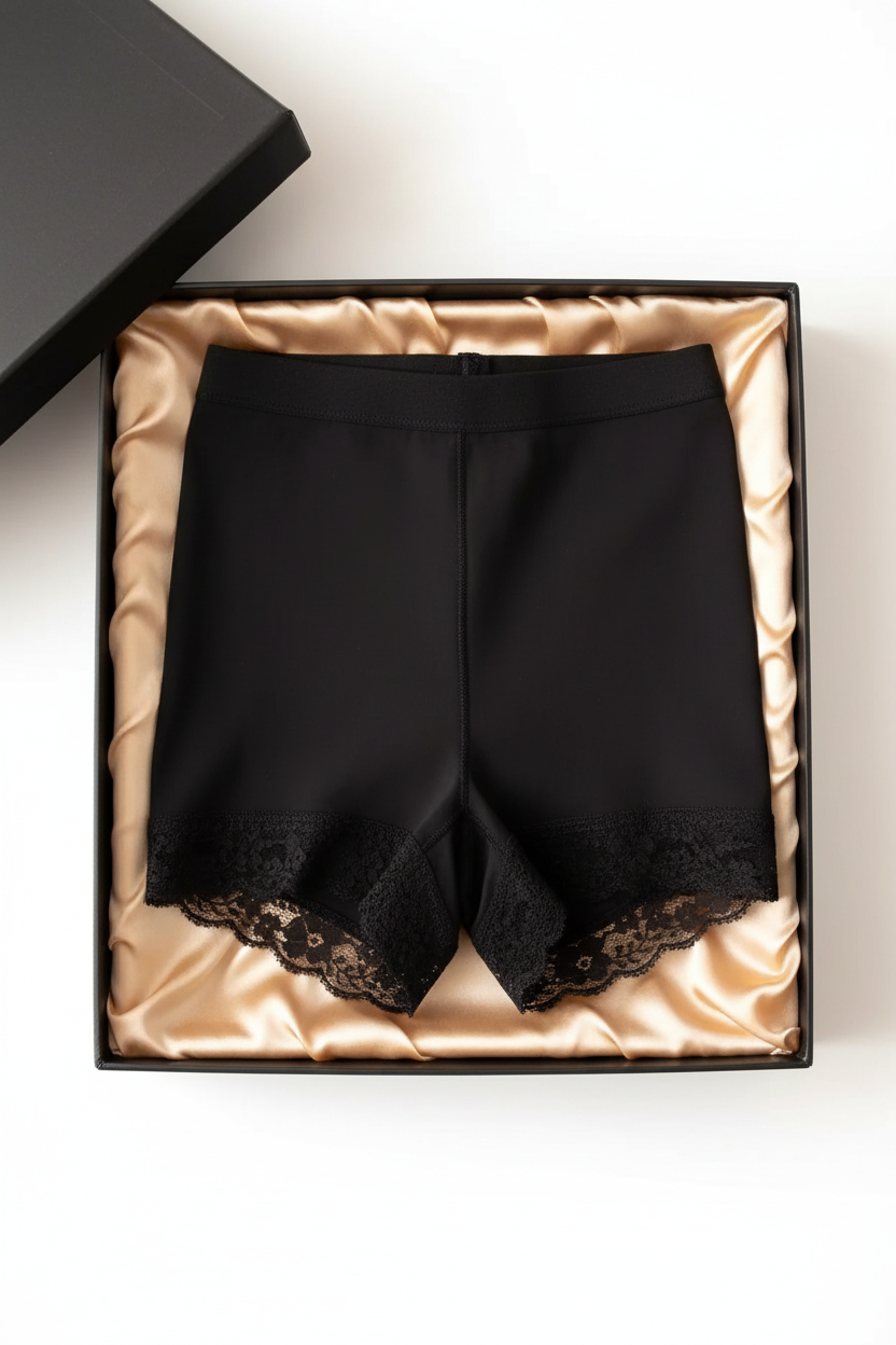 Black butt-lifting underwear shorts with lace trim, folded in gift box