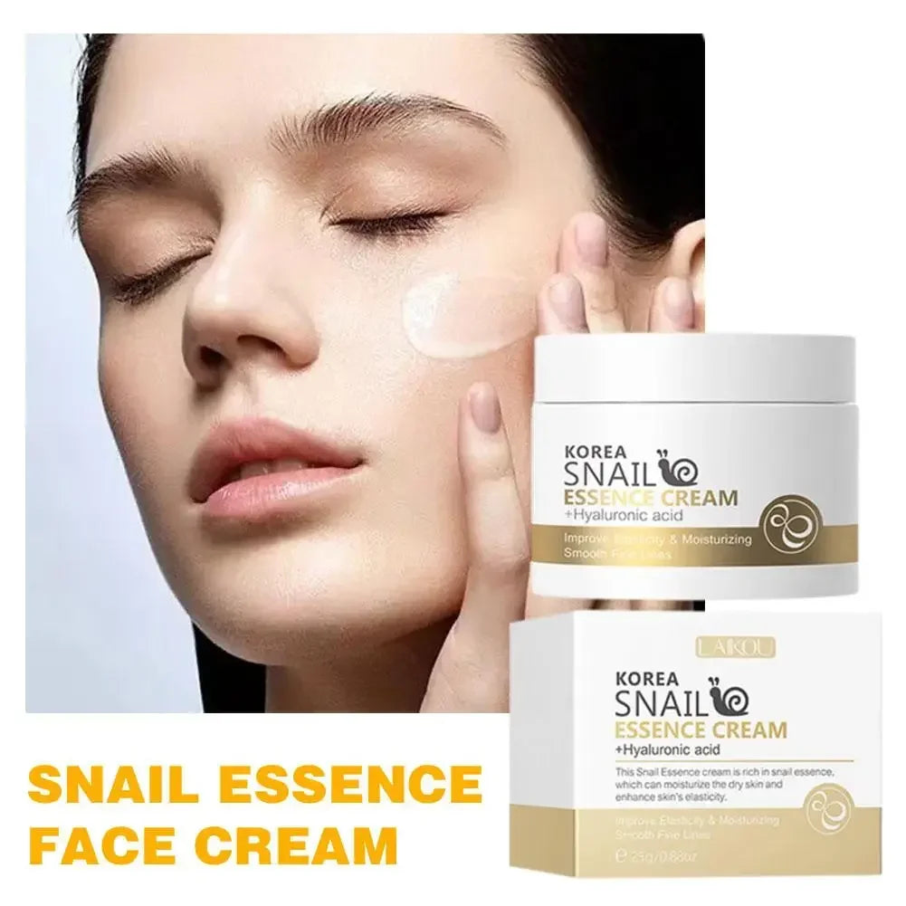 KOREA SNAIL ESSENCE CREAM jar and box, “SNAIL ESSENCE FACE CREAM” text.