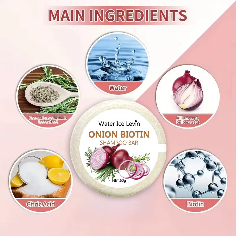 Onion biotin shampoo bar, solid beige circular soap with onion-themed ingredient icons