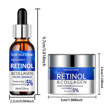 Retinol & collagen serum bottle and face cream jar set with blue labels