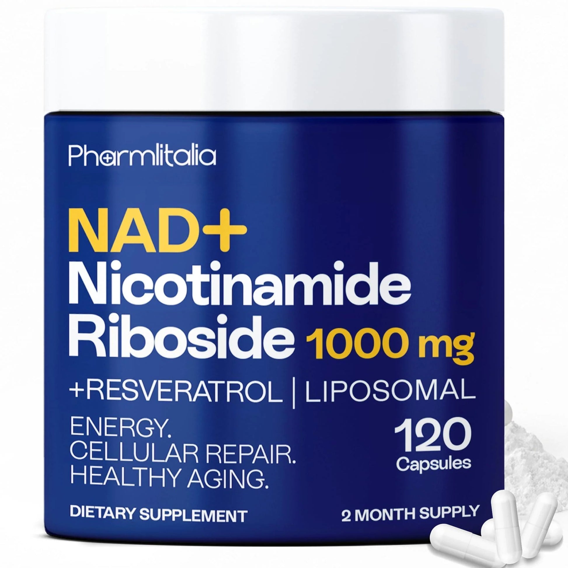 NAD+ supplement bottle with white capsules, 120 count, liposomal resveratrol