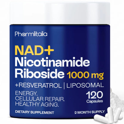 NAD+ supplement bottle with white capsules, 120 count, liposomal resveratrol
