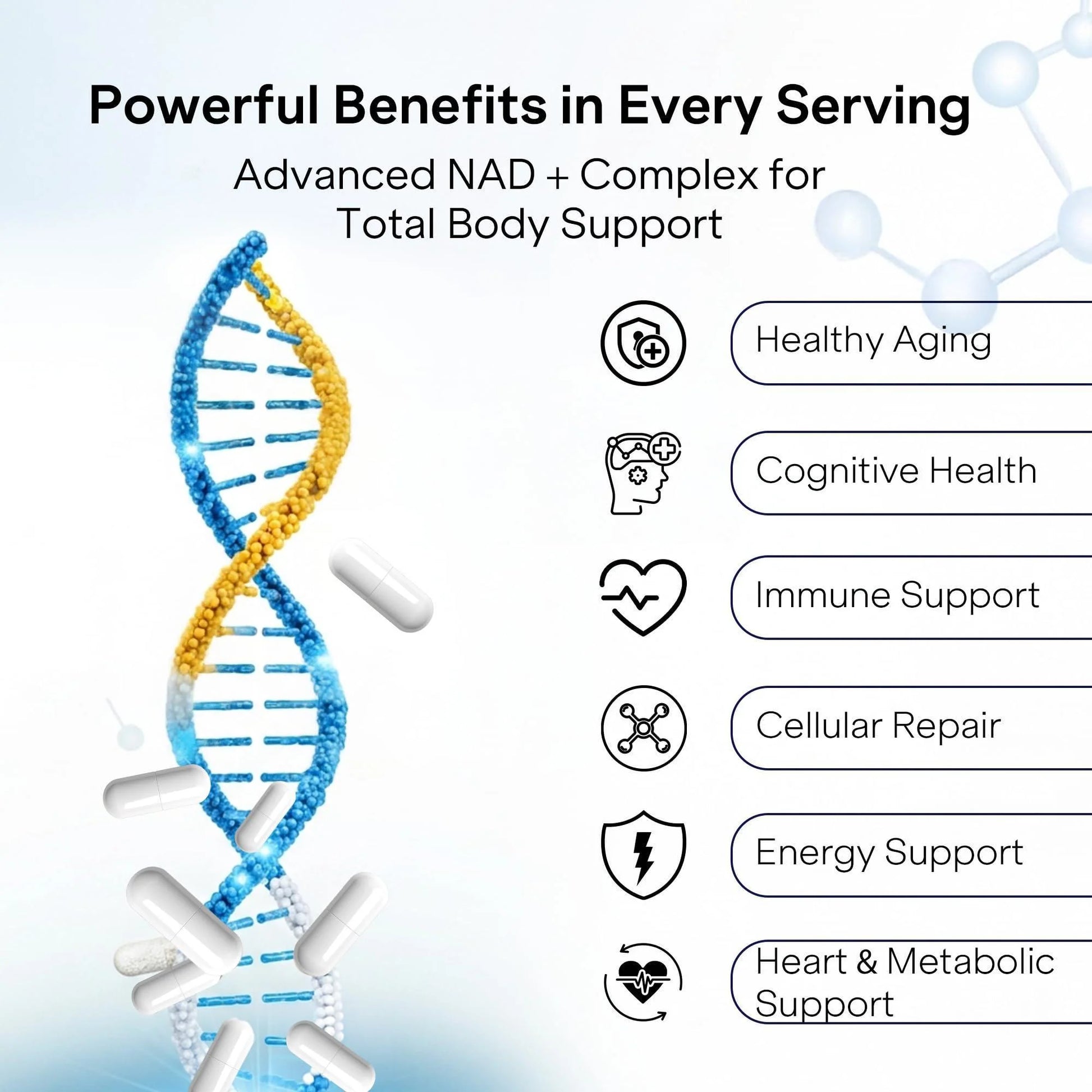 White capsules with DNA strand graphic and health icons for NAD+ support