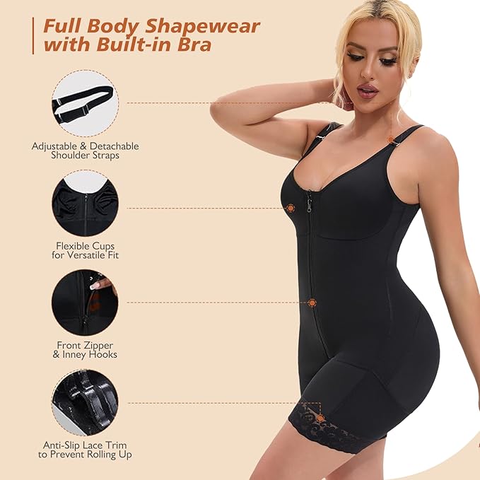Black full body shaper with built-in bra, front zipper, and lace anti-slip trim