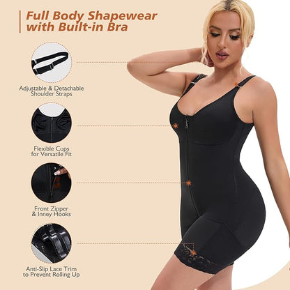 Black full body shaper with built-in bra, front zipper, and lace anti-slip trim