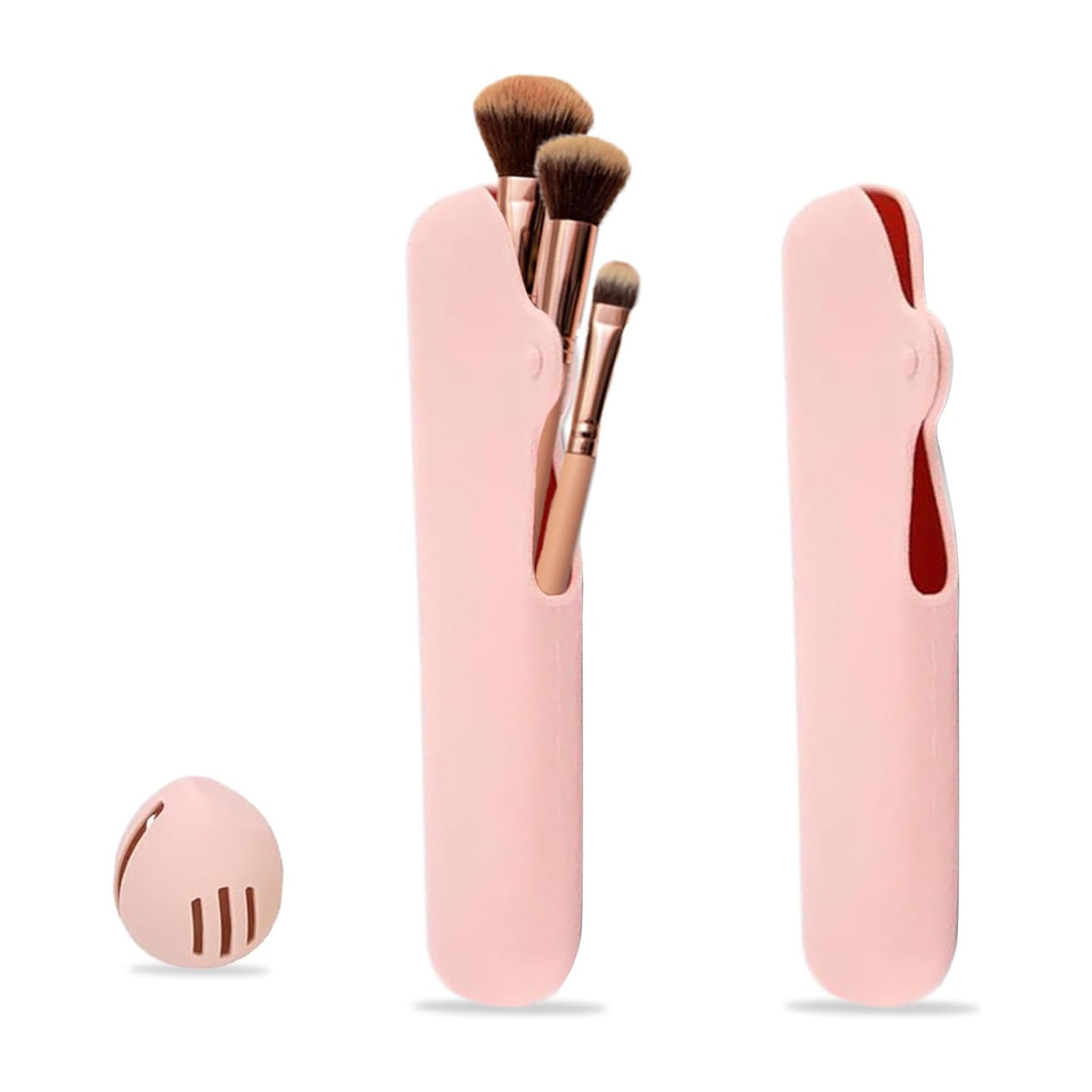 Pink silicone travel makeup brush holder with slots and sponge cover, set