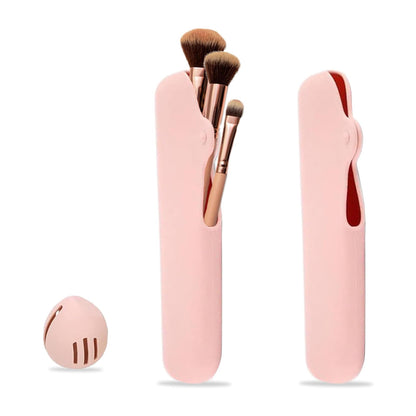 Pink silicone travel makeup brush holder with slots and sponge cover, set