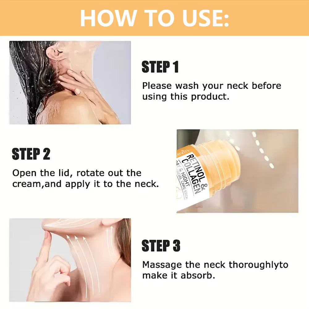How to use: retinol & collagen neck stick, apply and massage to absorb