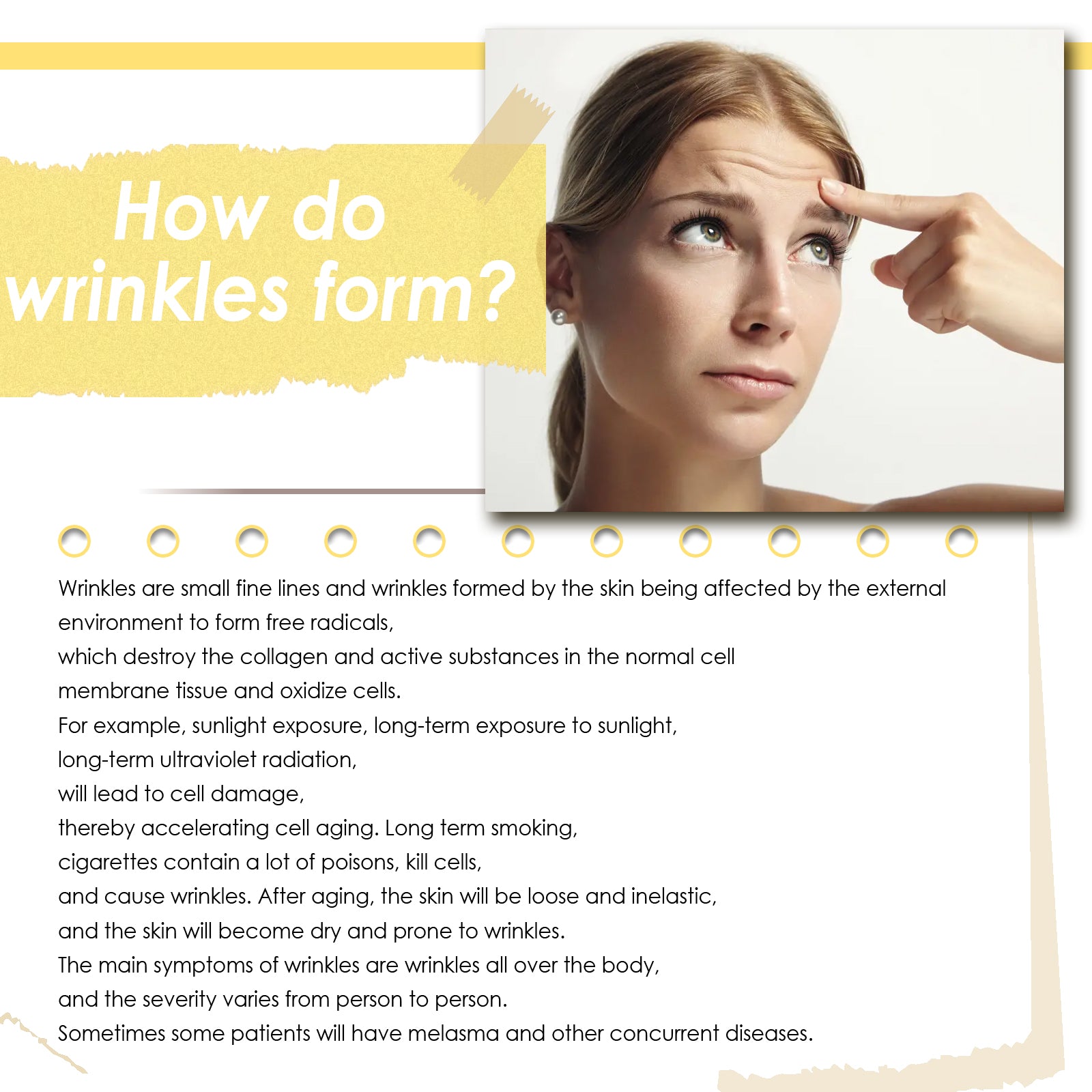 Retinol firming serum how-to card showing a woman applying skincare to face