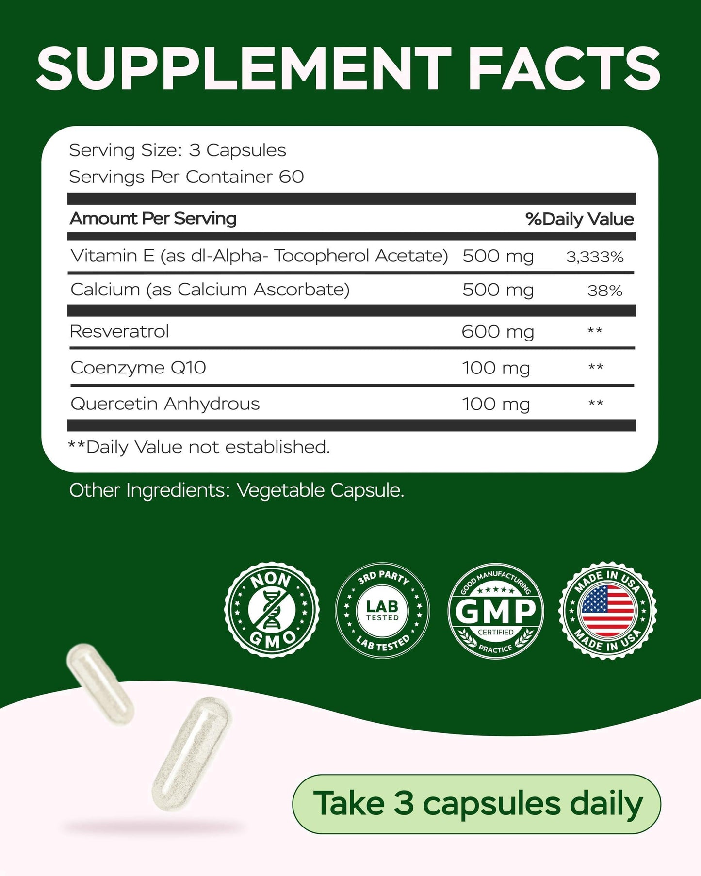 Supplement Facts panel with ingredient amounts and “Take 3 capsules daily”
