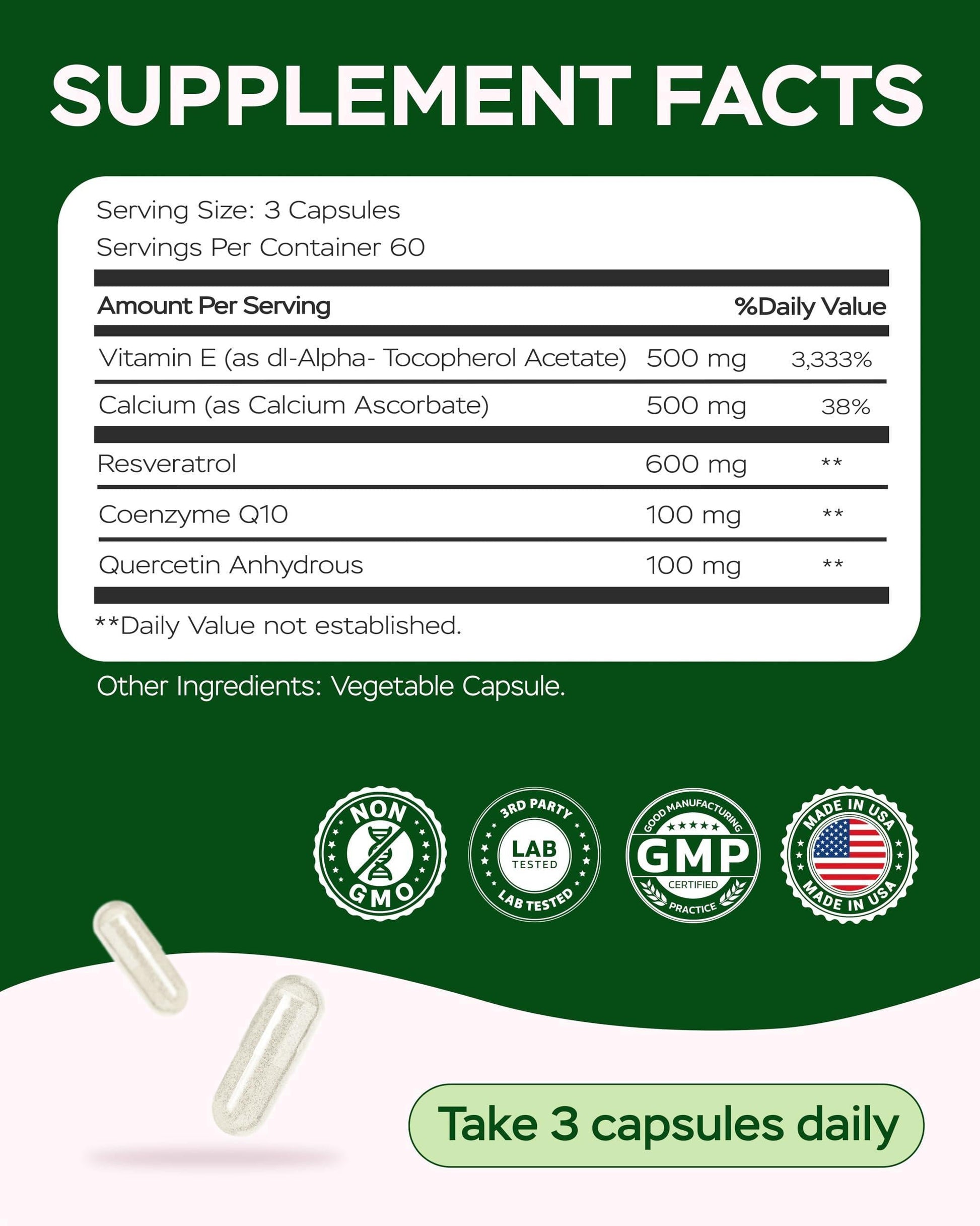 Supplement Facts panel with ingredient amounts and “Take 3 capsules daily”