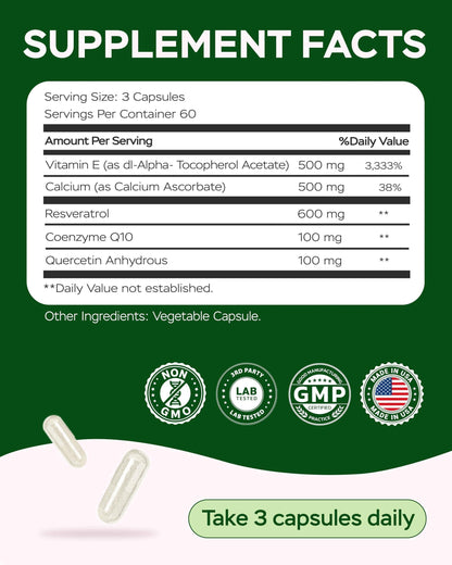 Supplement Facts panel with ingredient amounts and “Take 3 capsules daily”