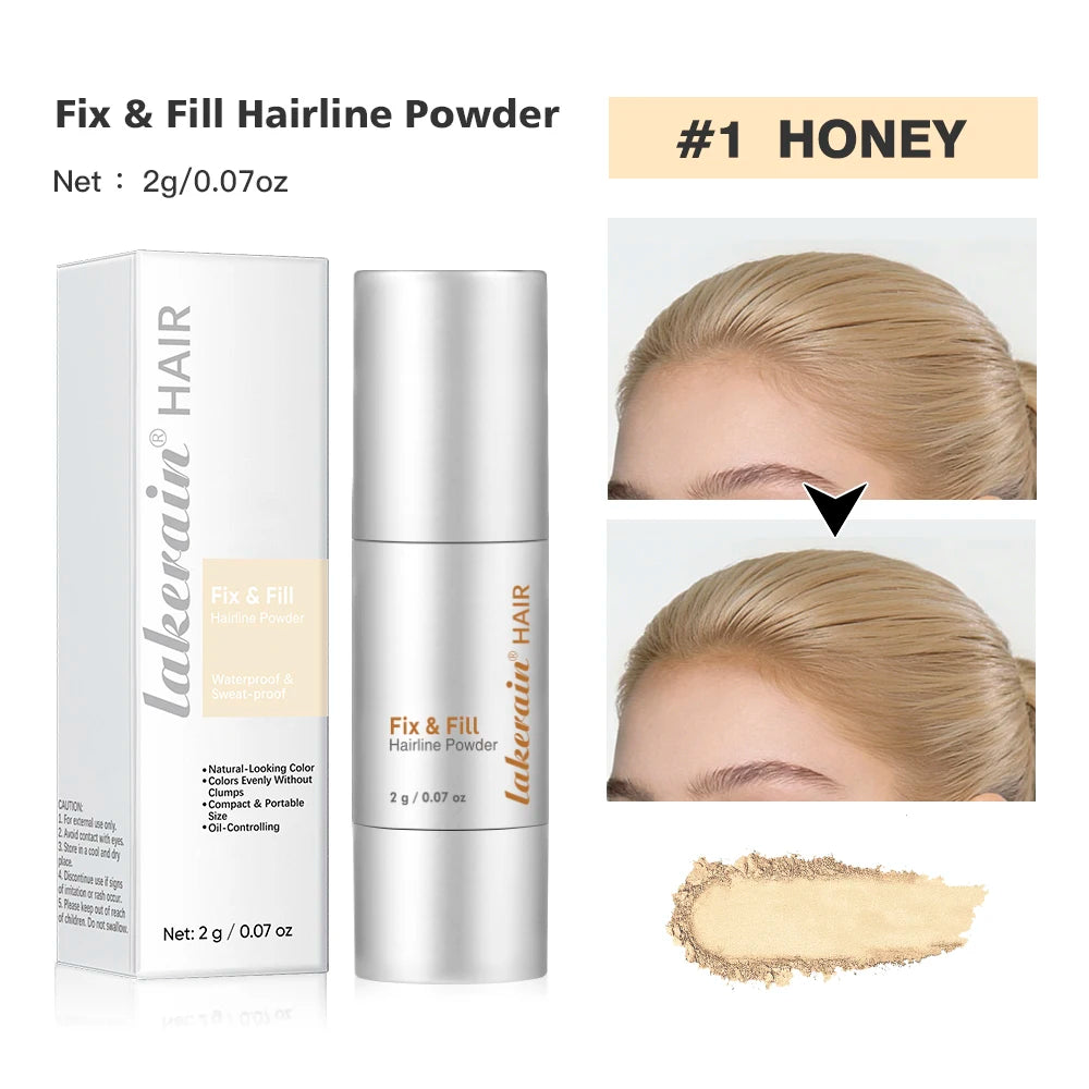 Fix & Fill hairline powder #1 honey: bottle, box, and hairline coverage swatch