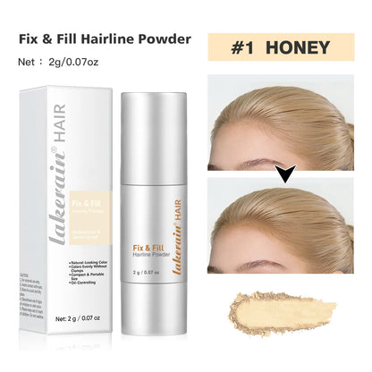 Fix & Fill hairline powder #1 honey: bottle, box, and hairline coverage swatch