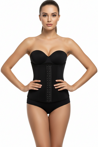 Black underbust waist trainer corset with front grommet closure and structured panels.