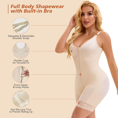 Beige postpartum full body shaper with built-in bra and front zipper