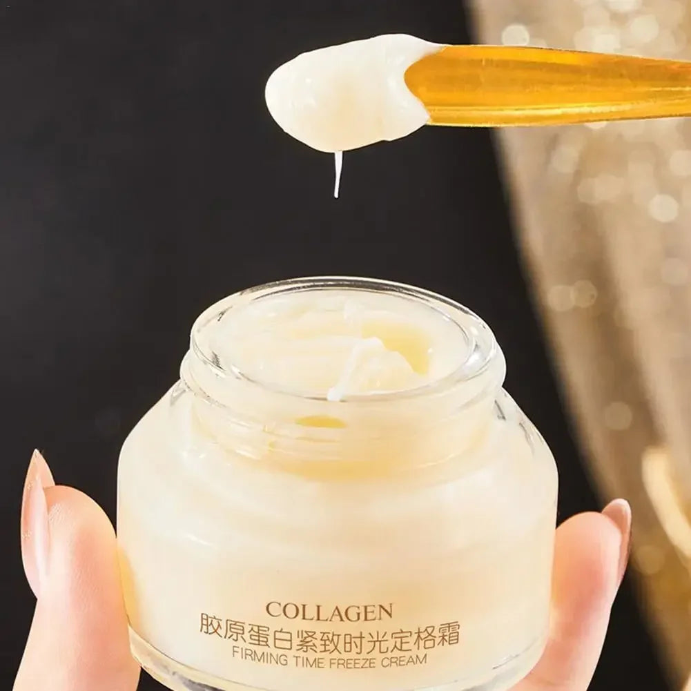 “COLLAGEN” cream jar with a scoop of thick white cream above the lid.