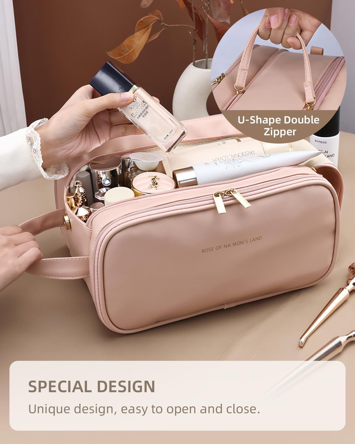 Pink makeup organizer bag with U-shaped double zipper opening