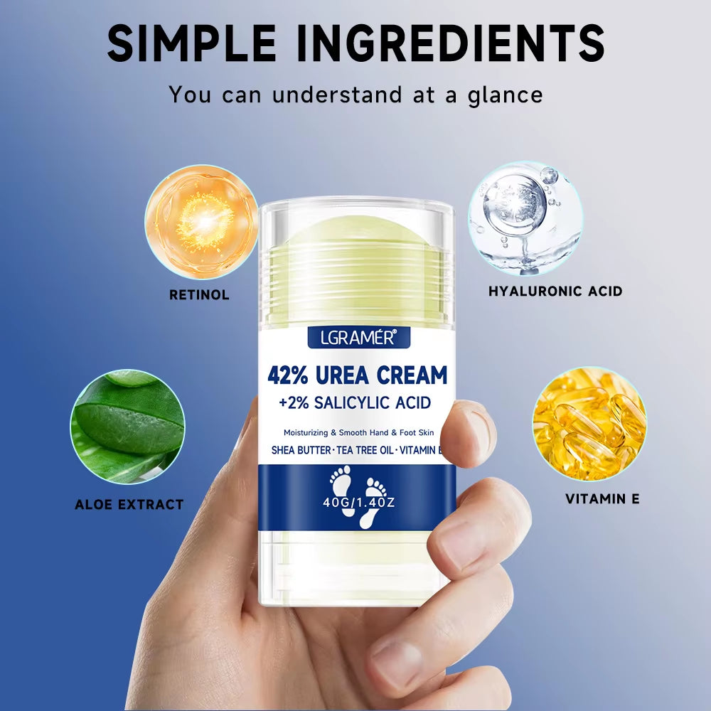 Urea cream jar held in a hand with ingredient icons
